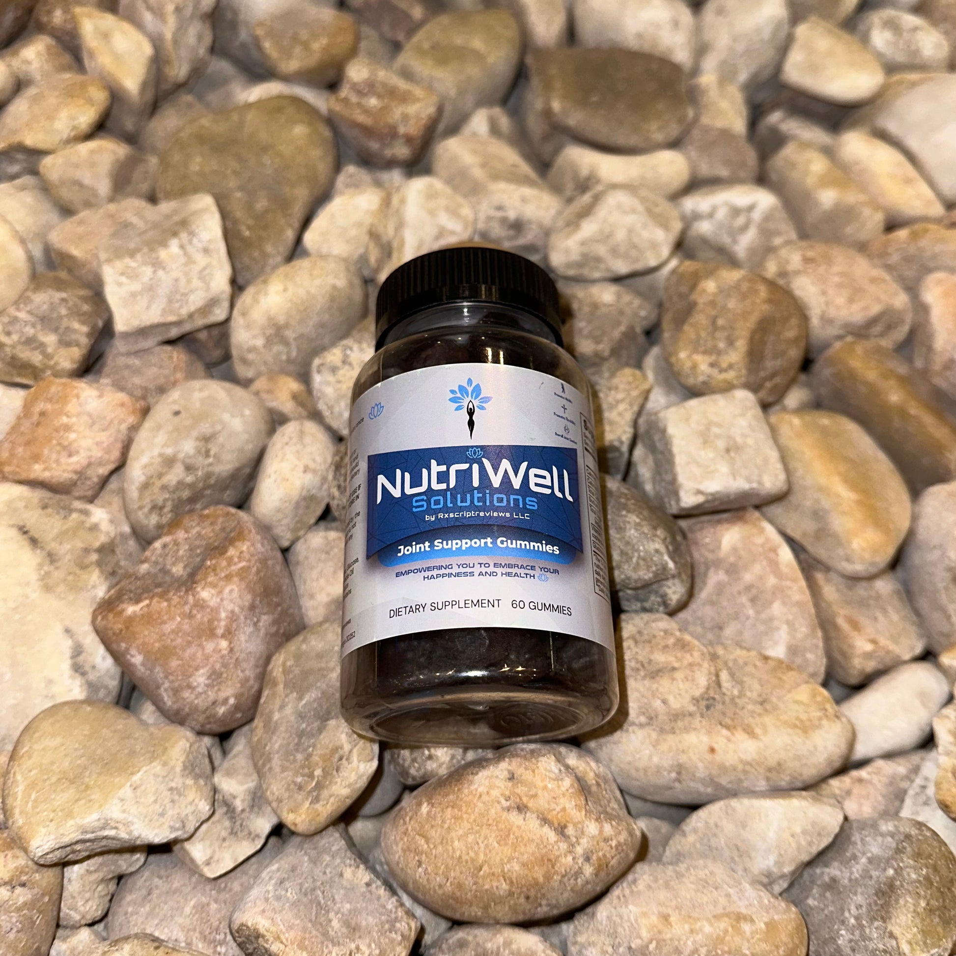 NutriWell Joint Support Gummy Bottle with rock at Emory University Hospital, Atlanta, Georgia.