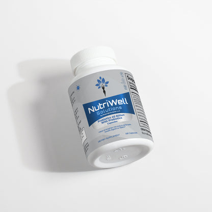 a bottle of NutriWell Solutions Probiotic 40 Billion with Prebiotics on its side 