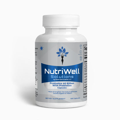 a bottle of NutriWell Solutions Probiotic 40 Billion with Prebiotics