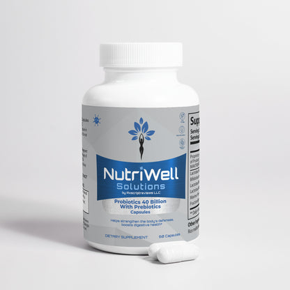 a bottle of NutriWell Solutions Probiotic 40 Billion with Prebiotics with two capsules in front of the bottle 