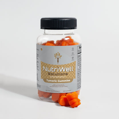 a bottle of NutriWell Solutions Turmeric Gummies with gummies in front of the bottle 