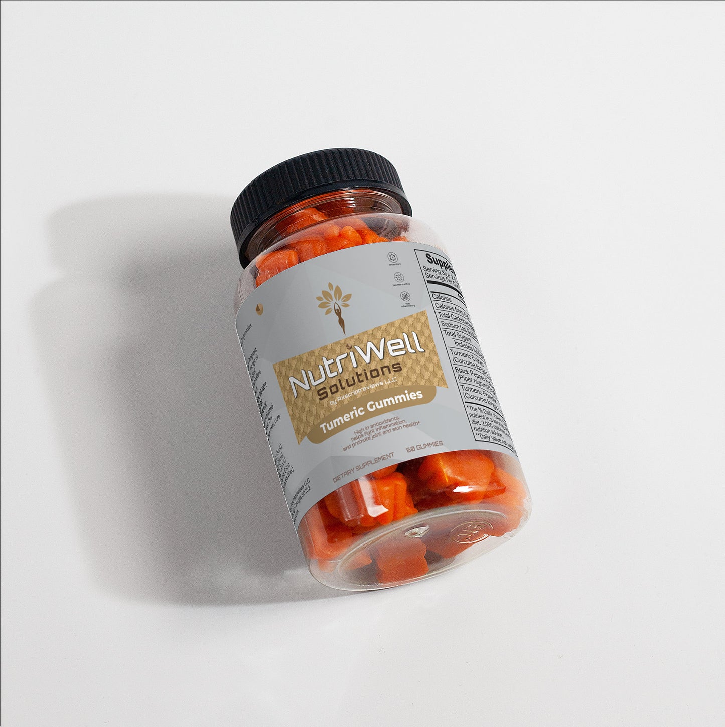 a bottle of NutriWell Solutions Turmeric Gummies on its side 