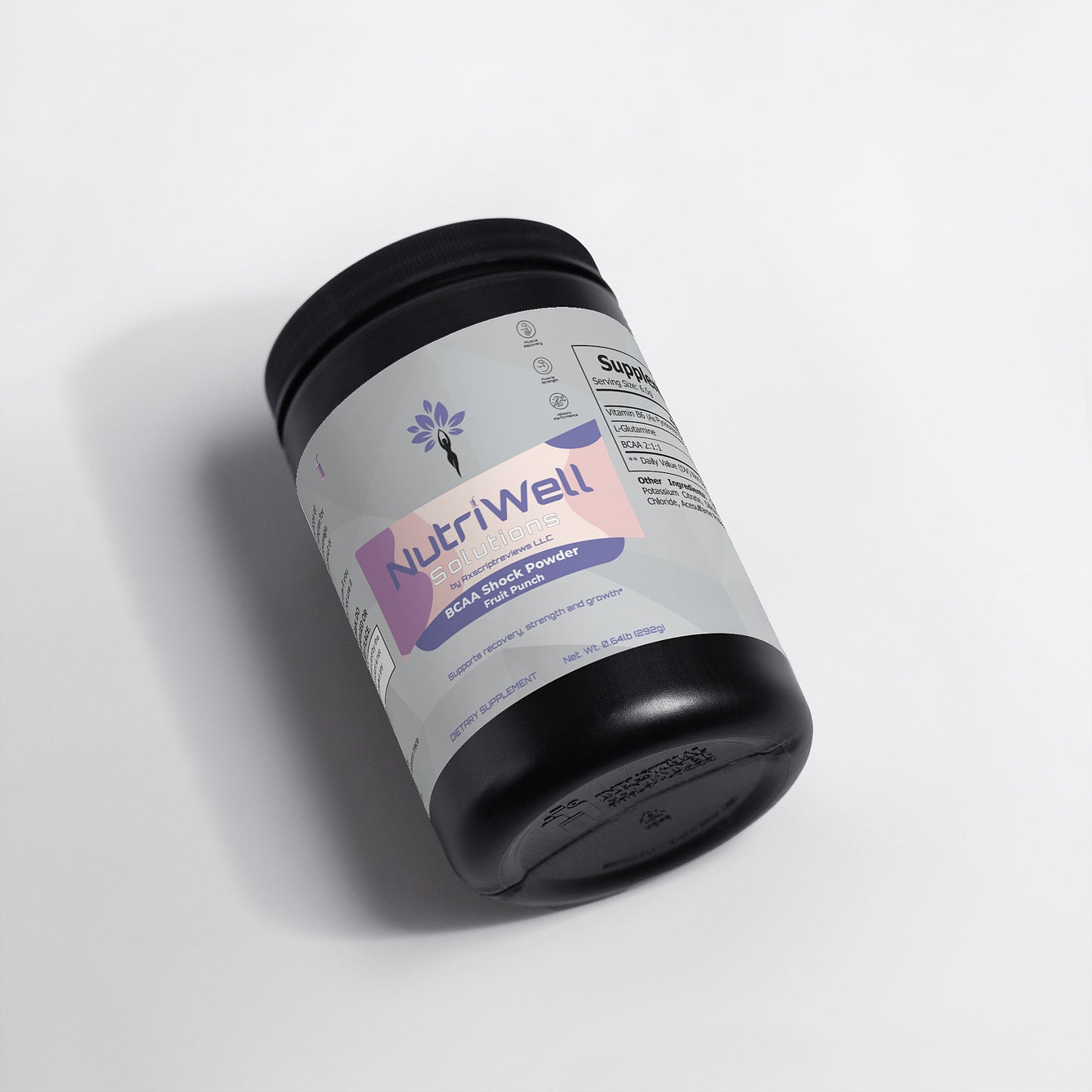 a jar of NutriWell Solutions BCAA Post Workout Powder (Fruit Punch) on its side 