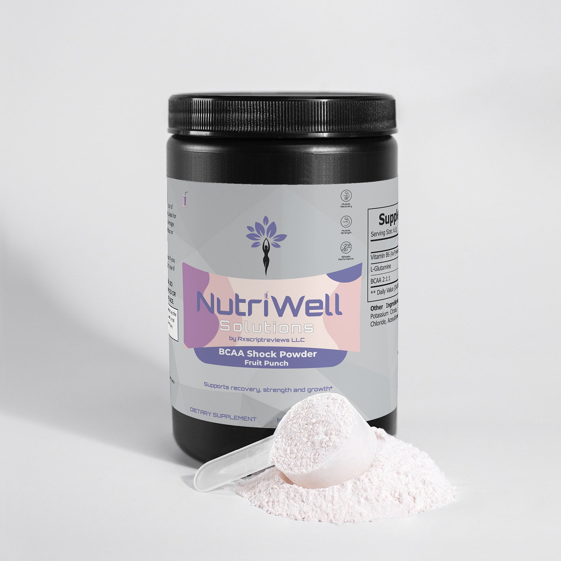 a jar of NutriWell Solutions BCAA Post Workout Powder (Fruit Punch) with powder and scoop in front 