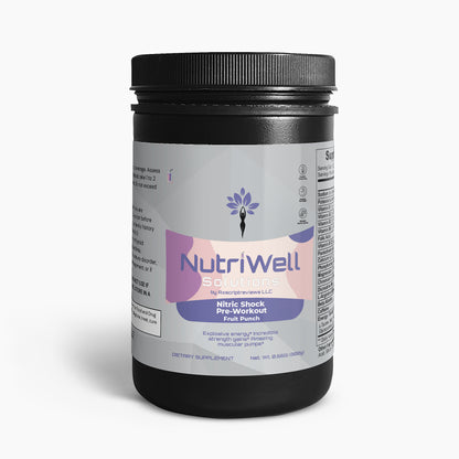 a jar of NutriWell Solutions Nitric Shock Pre-Workout Powder (Fruit Punch)