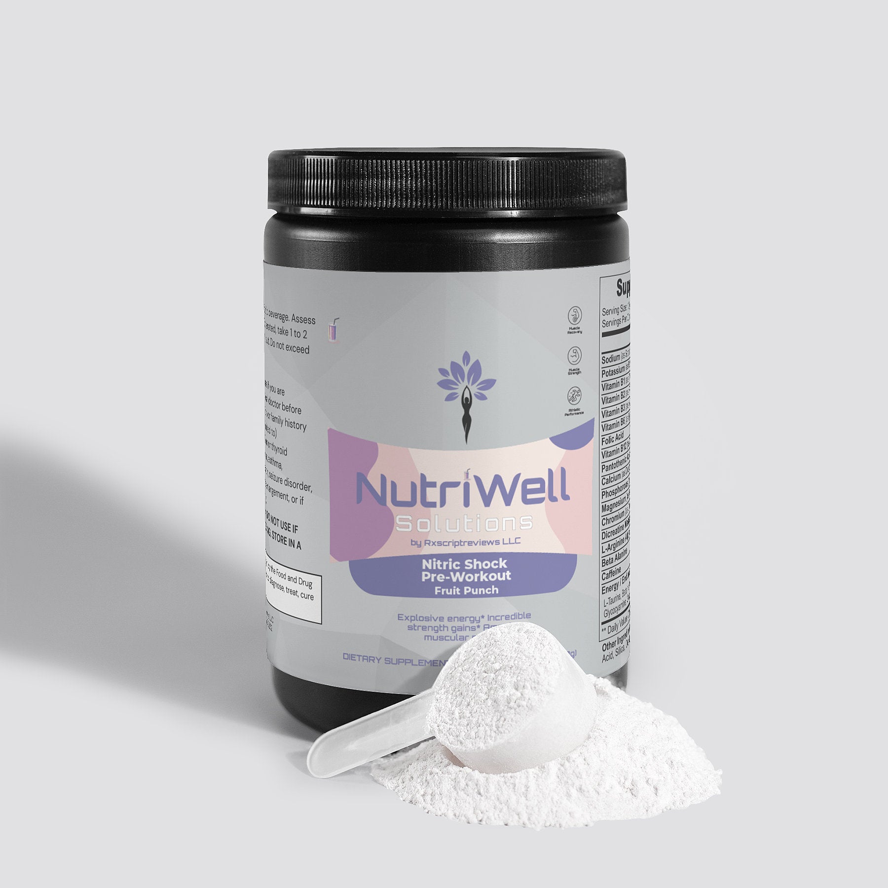 a jar of NutriWell Solutions Nitric Shock Pre-Workout Powder (Fruit Punch) with scoop and powder in front of the jar 