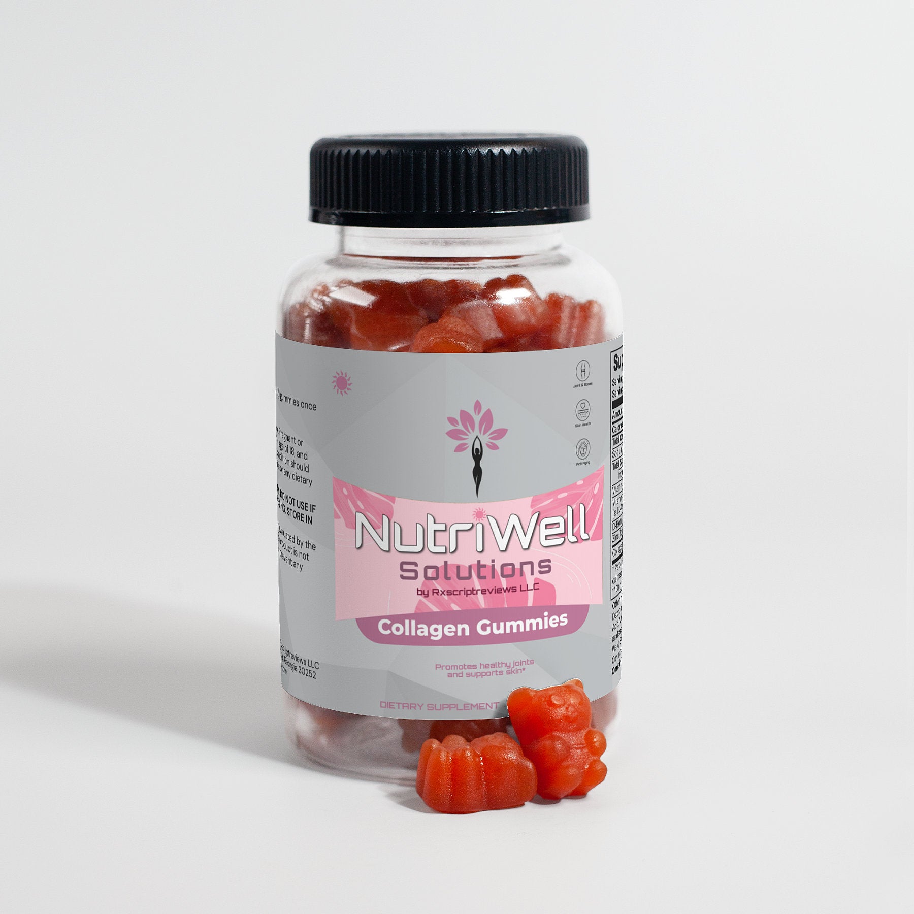 a bottle of NutriWell Solutions Collagen Gummies (Adult) with gummies in front of the bottle 