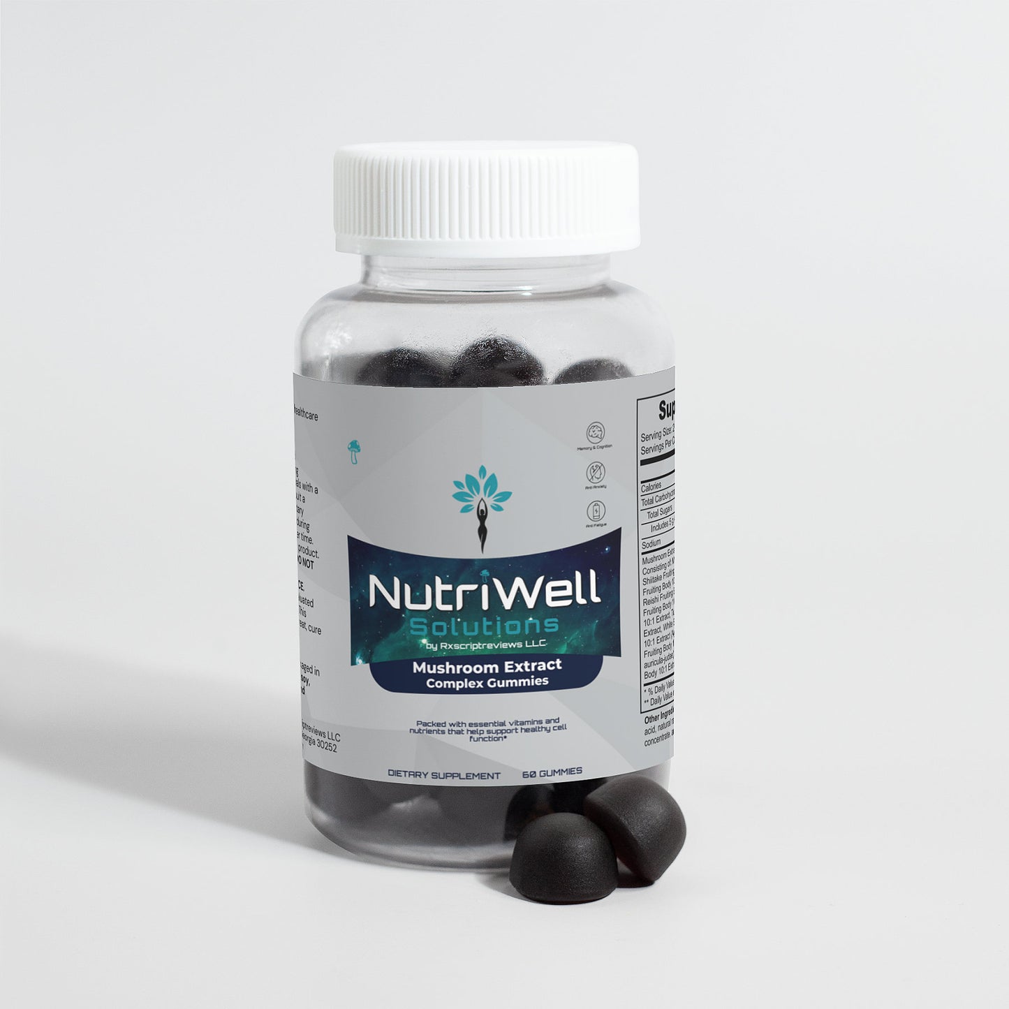 A bottle of NutriWell Solutions’ Mushroom Extract Gummies with gummies in front of the bottle. 