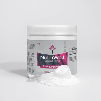 A jar of NutriWell Solutions’ Pure Creatine Monohydrate with powder and scoop in front of the jar 