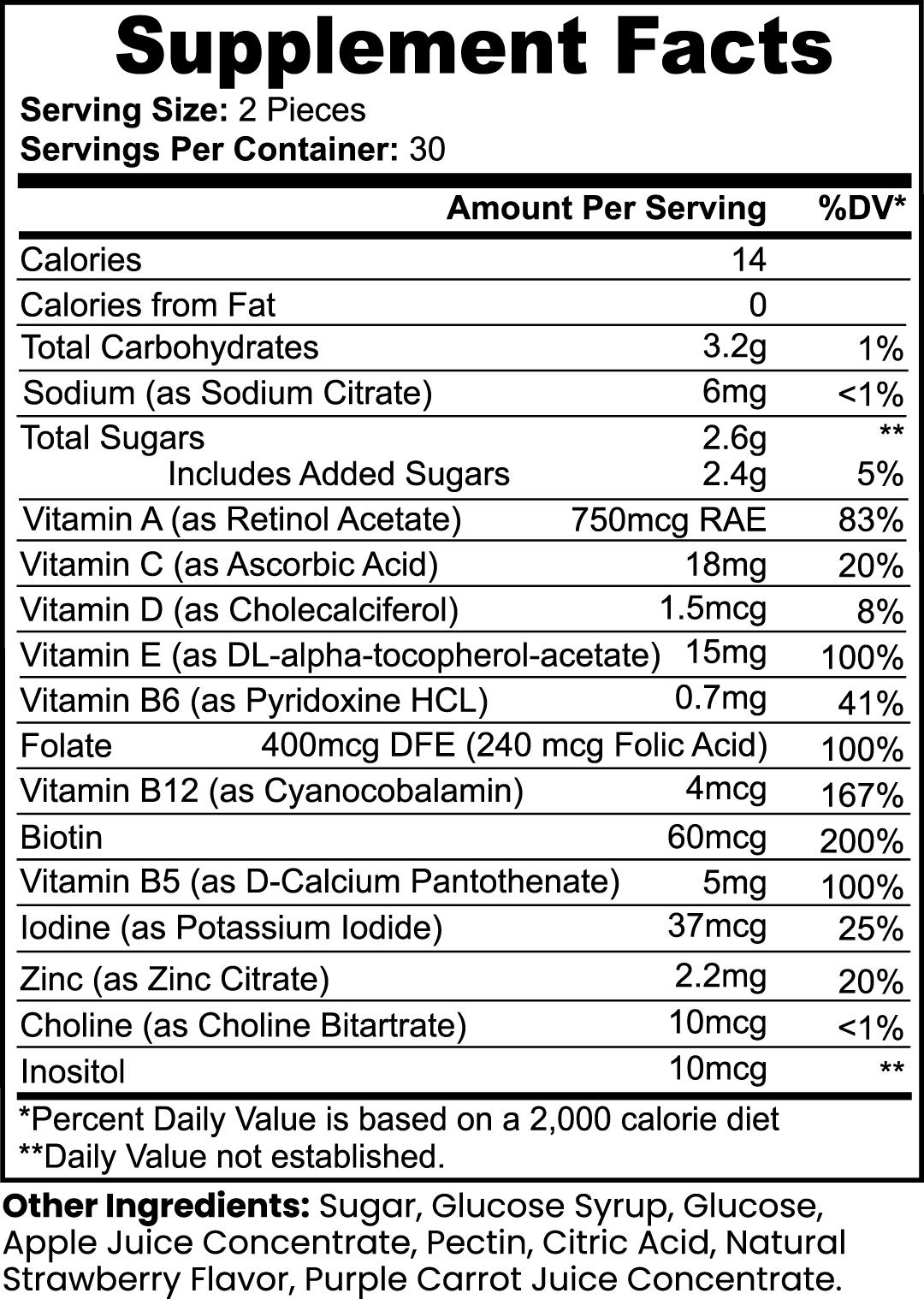 NutriWell Multivitamin Gummy Bottle supplement facts