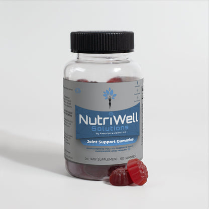 NutriWell Joint Support Gummy Bottle with a pair of gummy in front. 