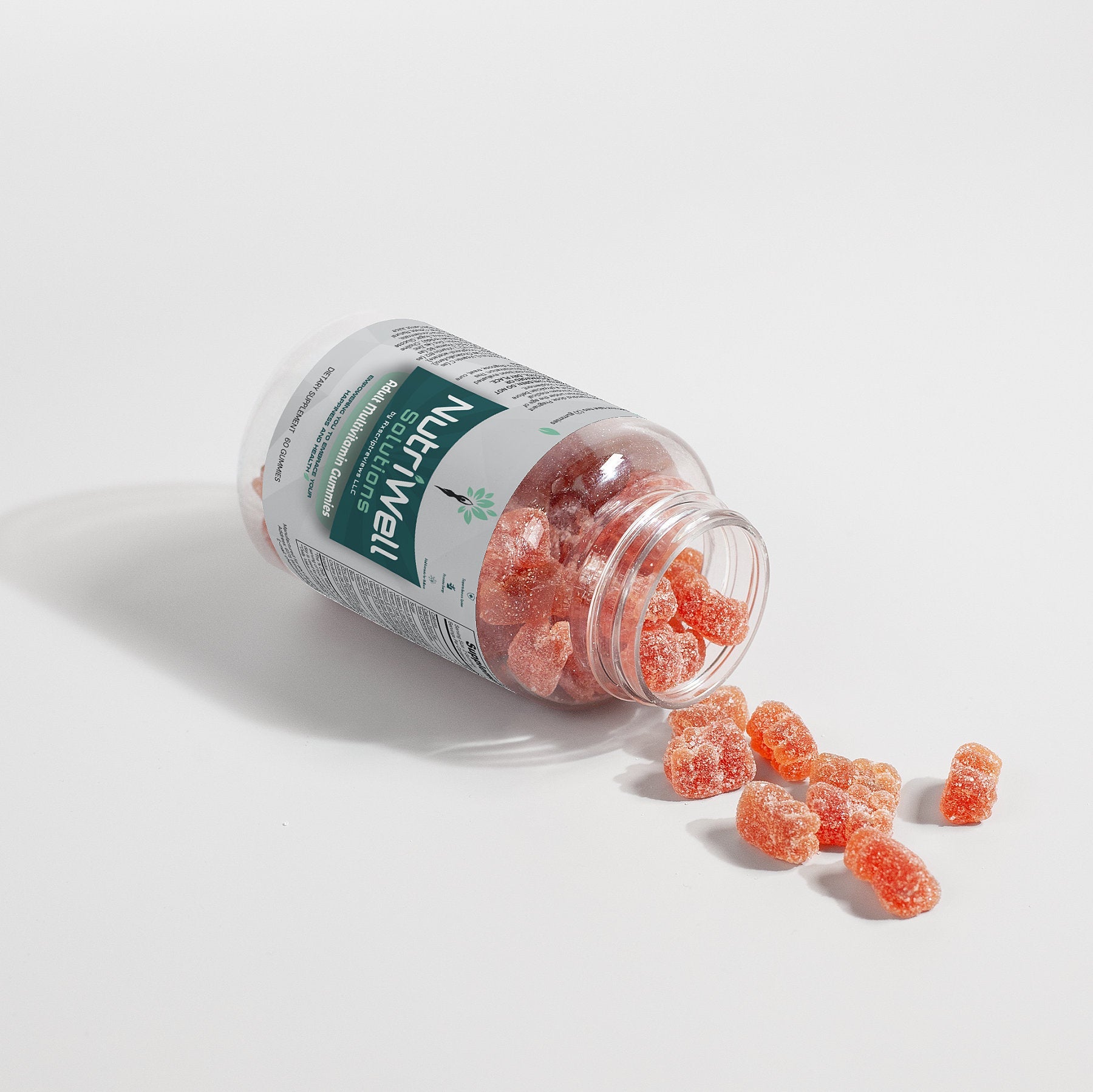 NutriWell Multivitamin Gummy Bottle with gummy bears pouring out. 