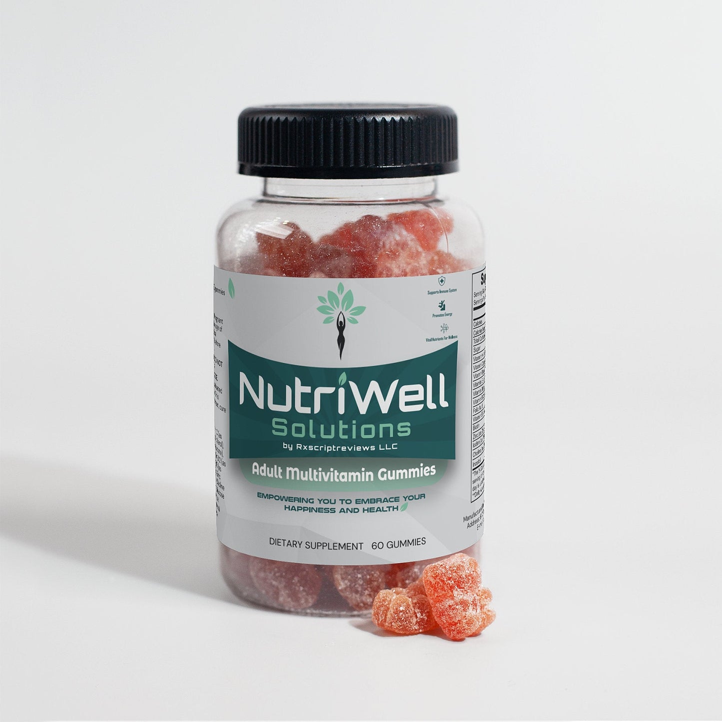 NutriWell Multivitamin Gummy Bottle with a pair of gummy bears in front. 